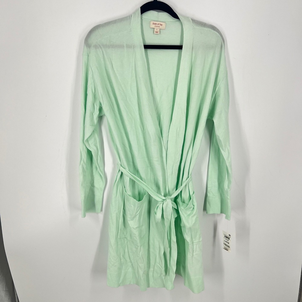 State of Day Intimates Buttermint Green Tie Waist Wrap Cardigan Robe Large NWT